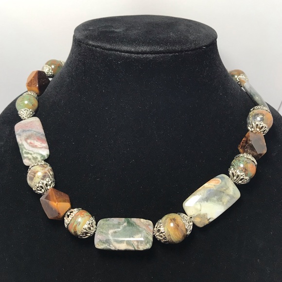 Semiprecious Jasper Tigers Eye Stone 19”L Necklace Toggle Clasp Handmade EVC - Picture 1 of 11